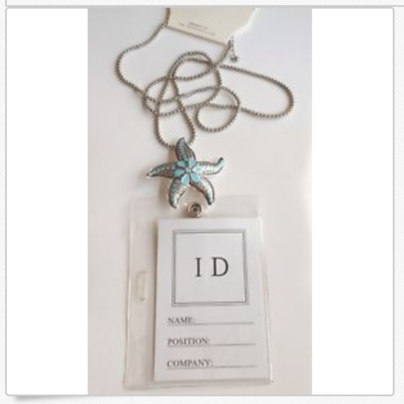 Silver Blue Starfish Pendant Necklace 33" Statement Aqua Enamel ID Badge Holder - Picture 6 of 8